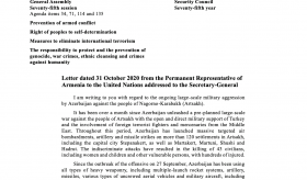 ՀՀ մշտական ներկայացուցչի նամակը՝ ուղղված ՄԱԿ Գլխավոր քարտուղարին՝ Արցախի (Լեռնային Ղարաբաղ) ժողովրդի դեմ Ադրբեջանի լայնածավալ ռազմական ագրեսիայի վերաբերյալ
