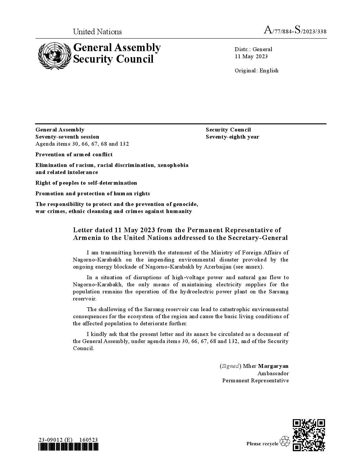 Letter from the Permanent Representative of Armenia on the impending environmental disaster provoked by the ongoing energy blockade of Nagorno-Karabakh by Azerbaijan