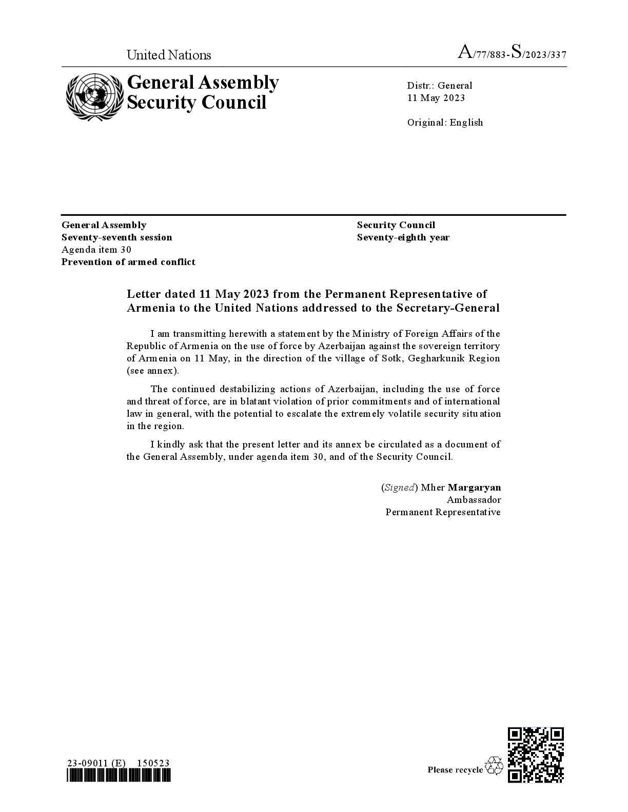 Letter from the Permanent Representative of Armenia on the use of force by Azerbaijan against the sovereign territory of Armenia on 11 May