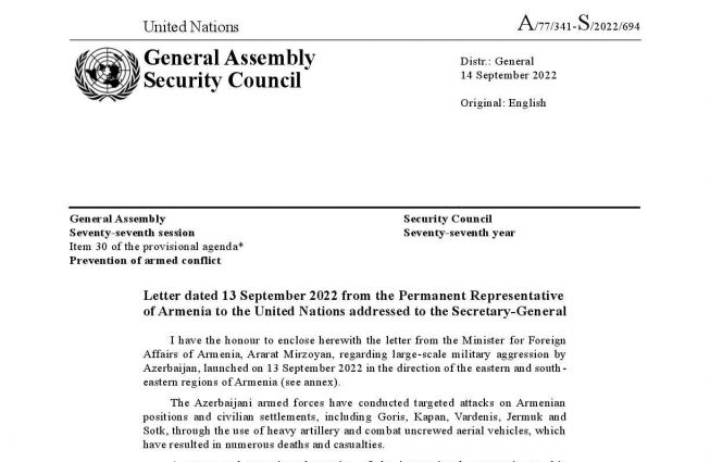 Letter from the Minister for Foreign Affairs of Armenia regarding large-scale military aggression by Azerbaijan