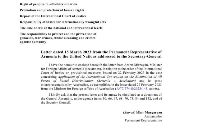 Letter from Ararat Mirzoyan, Minister for Foreign Affairs of Armenia, in relation to the order of the International Court of Justice