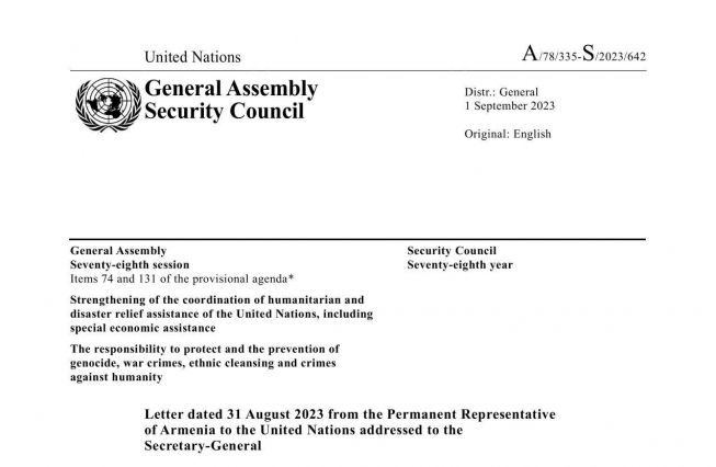 Letter from the Permanent Representative of Armenia to the United Nations on the humanitarian situation in Nagorno-Karabakh and the imperative to prevent atrocity crimes